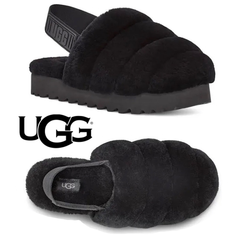 UGG Black Super Fluff Closed Toe Elastic Strap Slip On Slippers